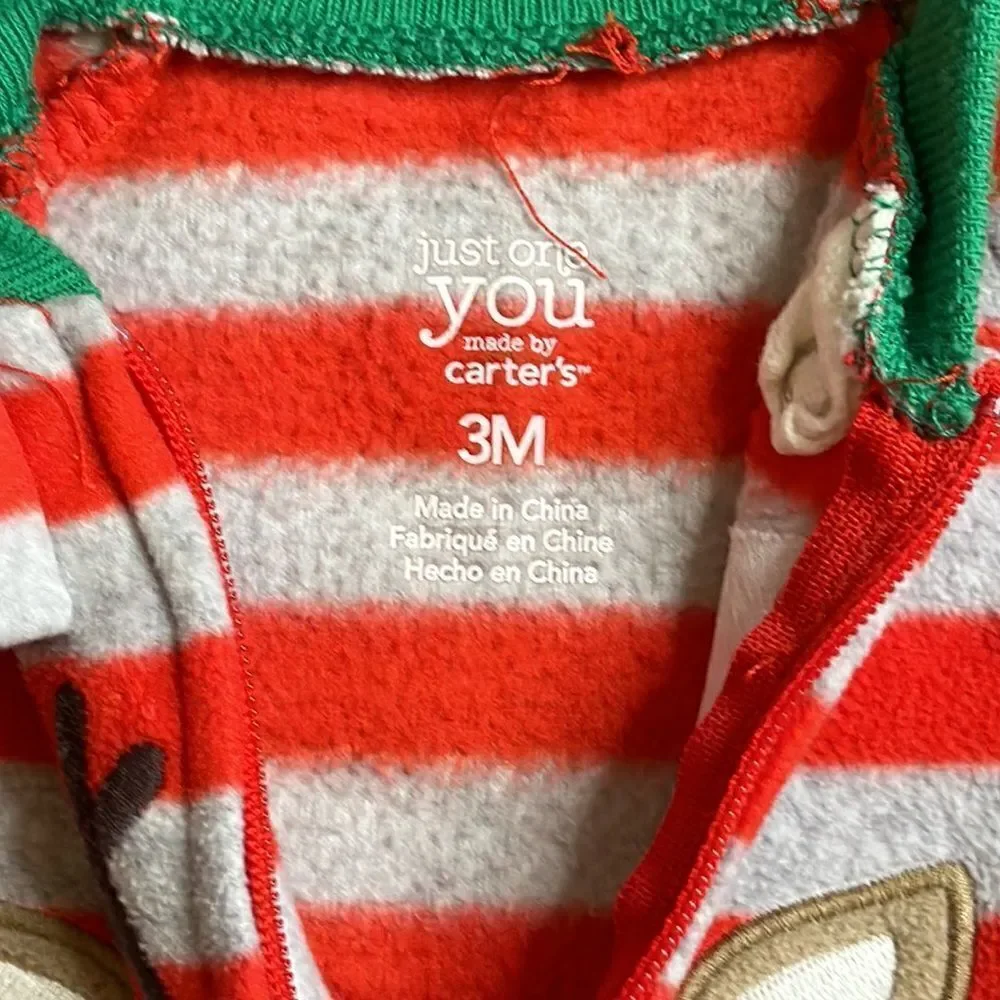 Carters Pajamas 3 months Christmas Holiday fleece sleeper reindeer Red Green